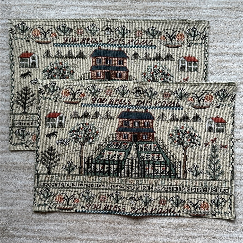 Set of 2 Vintage Style Handwoven Country Sampler Tapestry Place Mats Cottagecore